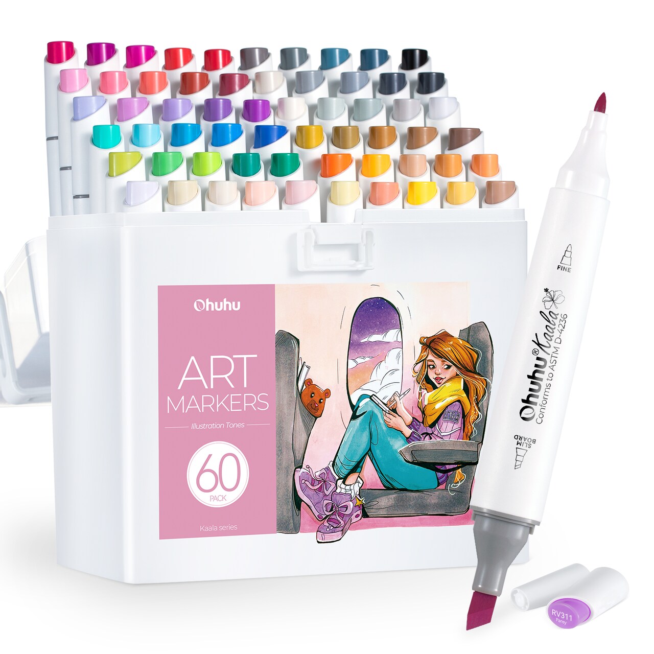 Ohuhu Alcohol Markers, 60 Colors Kaala Markers, Slim Broad and Fine Double Tipped, Art Marker Set for Artists Adults Coloring Drawing Cartoon Anime Comic/ Landscape Sketch